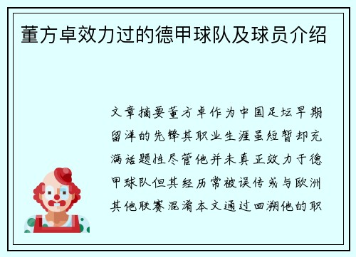 董方卓效力过的德甲球队及球员介绍